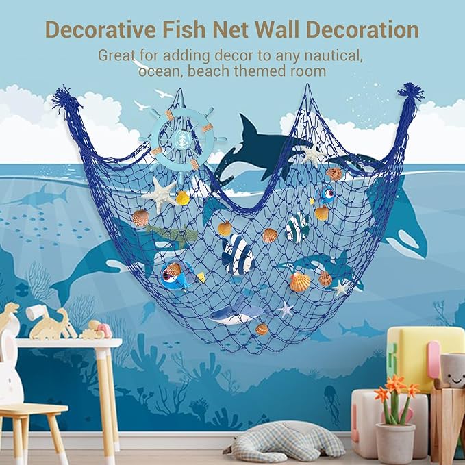 80x40 Inch Decorative Fishing Net w/Shells & Clips, 3mm Thickness Navy Blue Natural Cotton Large Photo Hanging Fishnet, Wall Party Decorations for Nautical Pirate Hawaii Mermaid Themed Party