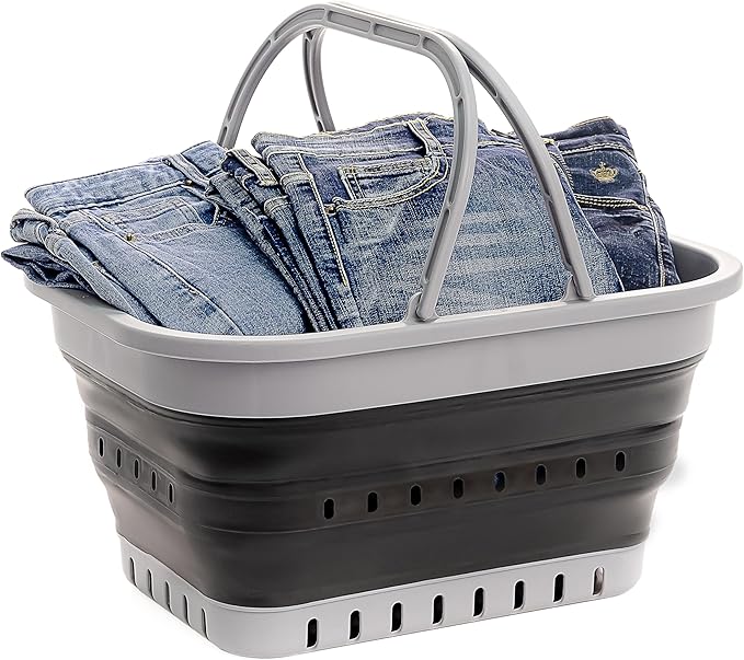 SAMMART 19L (5 Gallon) Collapsible Tub with Handle - Portable Outdoor Picnic Basket/Crater - Foldable Shopping Bag - Space Saving Storage Container (Grey/Black)