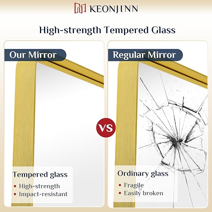 Keonjinn Gold Bathroom Mirrors for Vanity, 24 x 32 Inch Rounded Rectangle Gold Mirror for Wall, Brushed Brass Mirror with Metal Frame, HD Tempered Glass Modern Gold Framed Mirrors(Horizontal/Vertical)