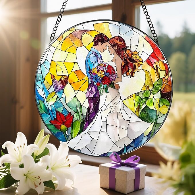 8'' Romantic Couple Wedding Sun Catcher Ornament, Stained Glass Window Hanging, Suncatchers for Windows Hanging Ornaments, Window Decor | Ideal Gift, Wedding Gift, Gifts for Couple & Newlywed