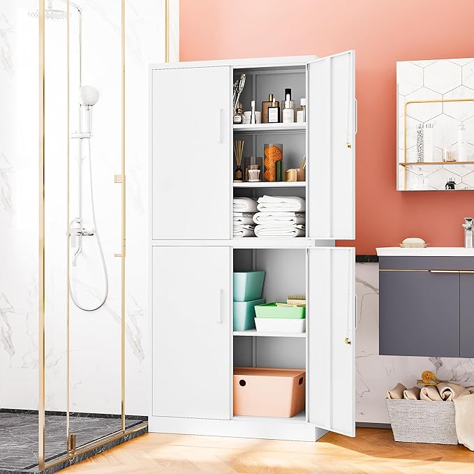 71” Metal Storage Lockable Heavy Duty File Cabinet Garage Tool Cabinets with Doors and Shelves-Tall White Steel Cabinet for Garage for Office, Gym, School