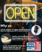 Open Signs for Business,Neon Open Sign Led,16.5"x 9",with Open/Closed Bussiness Hour Sign Set,Light for Bar Coffee Salon Store Window,12V/2A Adapter with ON/OFF Switch (Yellow/White Horizontal)