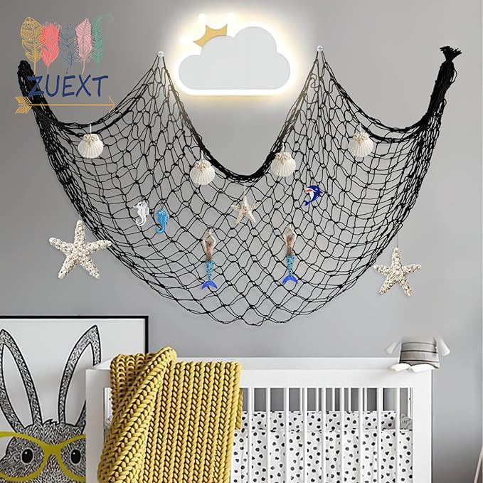 ZUEXT Decorative Fishing Net 80x40 Inch, 2 Pack Large Black Picture Fish Net, Wall Photo Hanging Fishnet for Nautical Mermaid Pirate Ocean Themed Hawaii Beach Under The Sea Party Decorations
