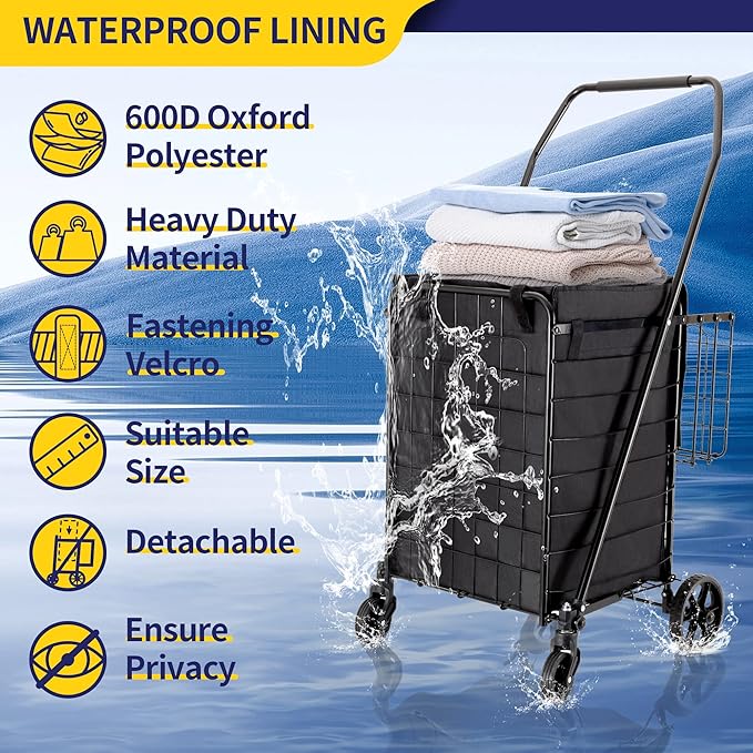Folding Shopping Cart with Waterproof Liner, Grocery Cart Large Bag with Top Cover, 200 Lb Capacity, Utility Cart with 360° Rolling Swivel Wheels, Medium & Extra Basket