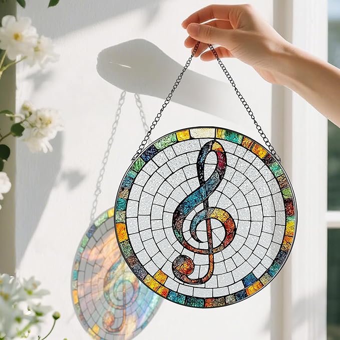 Stained Glass Window Hanging, Pauyadu 8 Inch Musical Stained Glass Suncatcher, Window Decor, Musician Home Decor, Musician Gift, Music Teacher Gifts, Music Accessory, Singer Gift