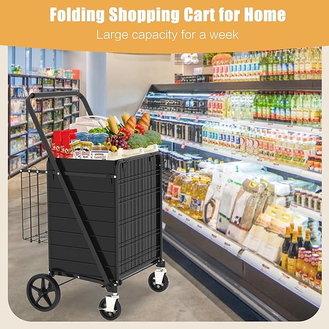 CHARMMA Large Shopping Cart with Brake,Grocery Cart on Wheels, Foldable Utility Shopping Carts with Double Basket and 360° Rolling Swivel Wheels for Groceries Laundry