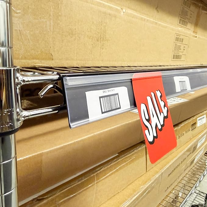 Wire Shelf Label Holders with Hinge, Label Holder with Promo Grip, Inserts, Metro Shelf Tags for Wire Shelving | 4 Feet | 20 Pack | Black