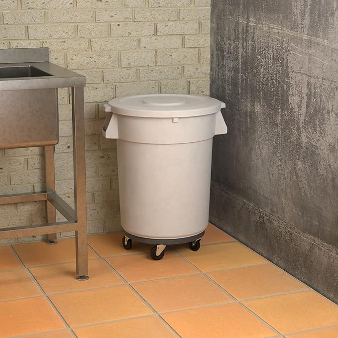 32 Gallon White Round Commercial Trash Can with Lid and Dolly