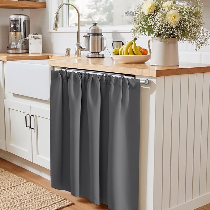 PONY DANCE Grey Short Window Curtains for Kitchen 24 inch Long, 2 Panels Set Half Window Drapes for Bedroom Basement, Blackout Small Curtains for Travel Trailers, Width 29 x Length 24 inches