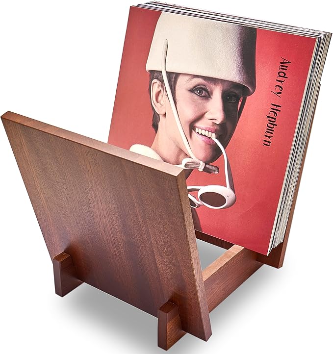 Honygebia Wooden Vinyl Record Holder - Wood Record Album Holder, V-Shaped Vinyl Record Storage Racks, Album Holders for Vinyl Records, Shelf for Storing Collection of 40 Premium LPs (Solid Sapele)