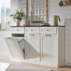 Triple Tilt Out Laundry Hamper Cabinet, 20 Gallon Farmhouse Trash Can Cabinet w/Drawer & Adjustable Shelf, Hidden Garbage Can Bin Cabinets w/Laundry Basket for Bathroom, Kitchen (Antique White)
