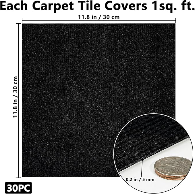 30Pcs Carpet Tiles Peel and Stick, Self Adhesive Carpet Floor Tile 12” x 12”, Black Soft Padded Flooring Sticker, Home Decor for Bedroom Living Room Office, 30 sq ft per Box