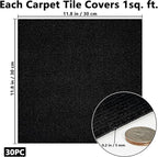 30Pcs Carpet Tiles Peel and Stick, Self Adhesive Carpet Floor Tile 12” x 12”, Black Soft Padded Flooring Sticker, Home Decor for Bedroom Living Room Office, 30 sq ft per Box