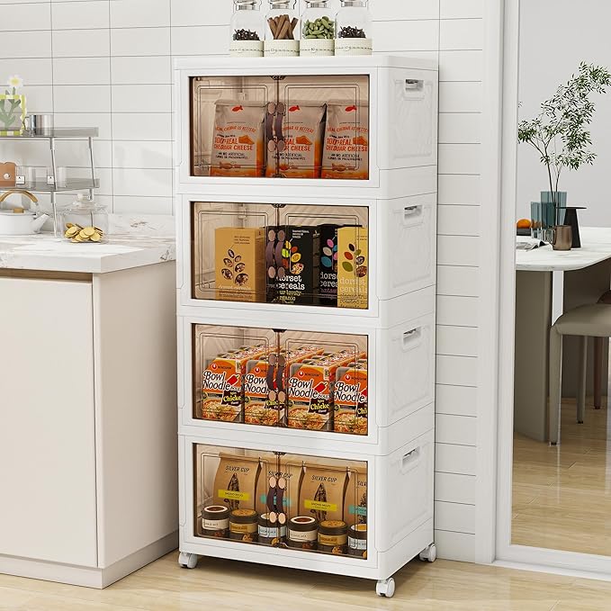 Storage Bins with Lids and Wheels, 398QT-99.5QT*4Tier Collapsible Bathroom Storage Cabinet with Clear Doors, Plastic Stackable Closet Organizers and Containers White