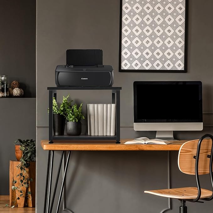 Under Desk Printer Stand - 2-Tier Industrial Mobile Printer Table with Storage Shelf, Heavy Duty Wood Rolling Printer Cart with Wheels for Home and Office,Classic Black