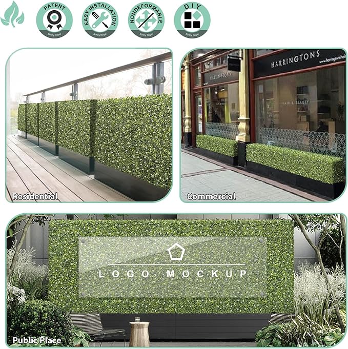 SunnyRoyal 126" Wx18 Hx6 D Artificial Boxwood Hedge Wall for Indoor and Outdoor Lifelike Greenery Privacy Fence for Patio Balcony Office Garden Party(Green with White Flower)