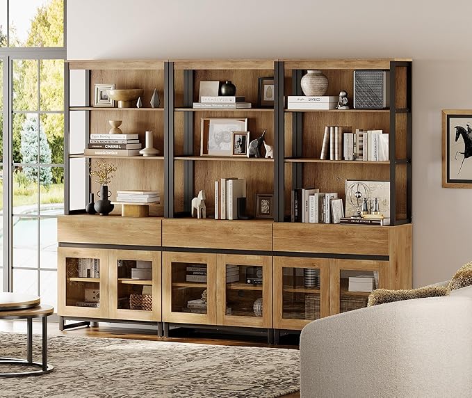 WAMPAT 3 PCS Modern 72" Tall Bookcase with 3 Drawers and Open Book Shelfs, Library Book Shelf with Storage Cabinet and Glass Doors, Wood Freestanding Bookshelves for Home Office, Living Room, Oak