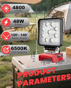 LIVOWALNY Portable LED Work Light Compatible with Milwaukee 18V Battery, 48W 4800LM Cordless Flood Light Flashlight with Low Voltage Protection USB & Type C Charger Port for Construction, Emergency
