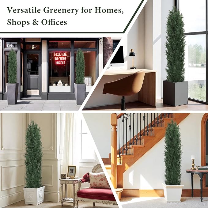 THE BLOOM TIMES 6ft Large Topiary Trees Artificial Outdoor Set of 2, UV Resistant Faux Cedar Pine Cypress Bushes & Shrubs, Fake Plants for Front Porch Outside Planter Patio Decor 6 Foot Tall