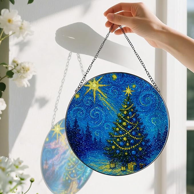8-Inch Starry Night Christmas Tree Stained Glass Window Hanging & Ornament: Stained Glass Suncatcher Ornament, Sun Catcher Window Decor – Gifts for Christmas, Holiday Present, Gift Exchange, Gift Idea
