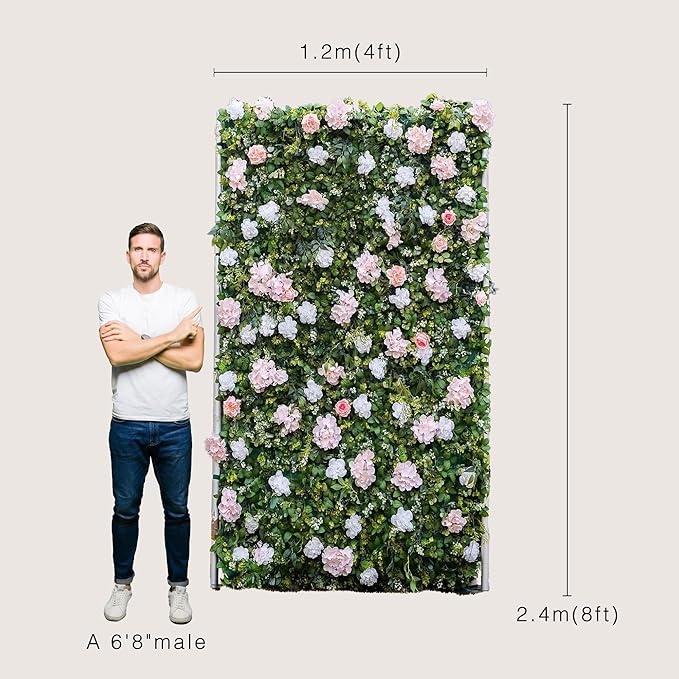 Artificial Luxury‌ Flower Wall Backdrop, Gorgeous 3D Silk Floral Backdrop for Wedding, Baby Shower, Party and Home Decor, Quick Assembly/Storage, Eco ＆ Pet Friendly, 2 pcs, Each Panel 2 * 8 ft.