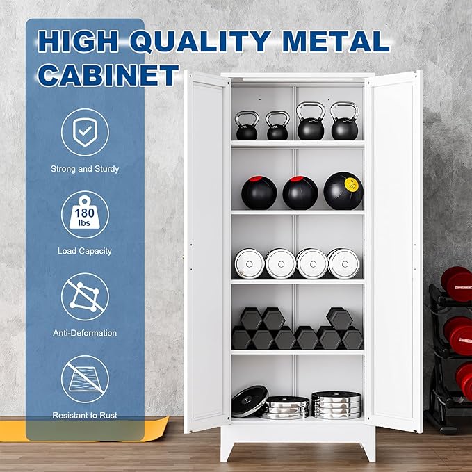 White Tall Farmhouse Metal Pantry Linen Storage Cabinet and Organizers - Cupboard 75" H x31.5 W x15.7 D Rustic Hutch Cabinet Bookcase with Doors and Adjustable Shelves for Home Office