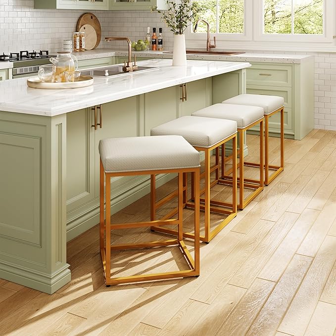 MAISON ARTS White & Gold Counter Height 24" Bar Stools Set of 2 for Kitchen Counter Modern Barstools Upholstered Faux Leather Square Stools Backless Farmhouse Island Chairs, 24 Inch Height