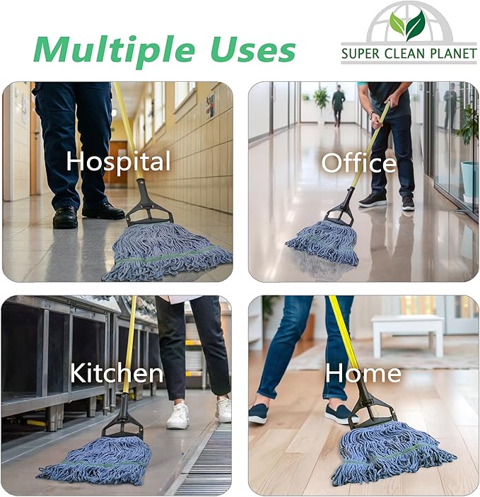 Super Clean Planet Heavy Duty Mop Head Refill (6-Pack) – Industrial Blue Cotton, Looped-End Wet Mop Heads for General, Commercial, Janitorial & Floor Cleaning