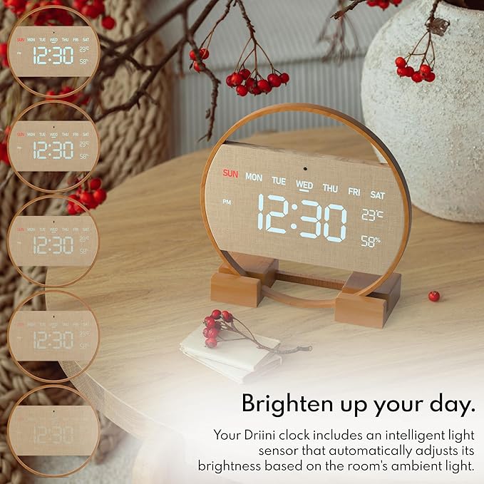 Driini Modern Large Digital Wall Clock - Bamboo Wood with Large LED Display- Day of Week, Time, Temperature, and Humidity - Aesthetic Living Room Clock or Office Wall Clock - Desk or Wall Mount.