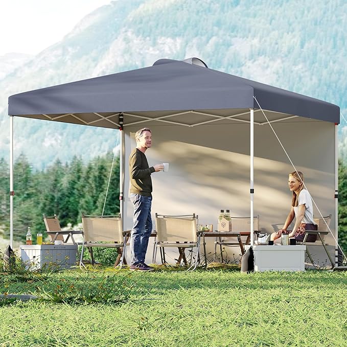 Tangkula 10x10 FT Pop up Canopy with Sidewall, Easy Setup Outdoor Tent with Wheeled Bag, 4 Sandbags, 4 Ropes, 4 Anchors, 8 Stakes, Vented Top, Portable Canopy Tent for Party Event Patio (Gray)