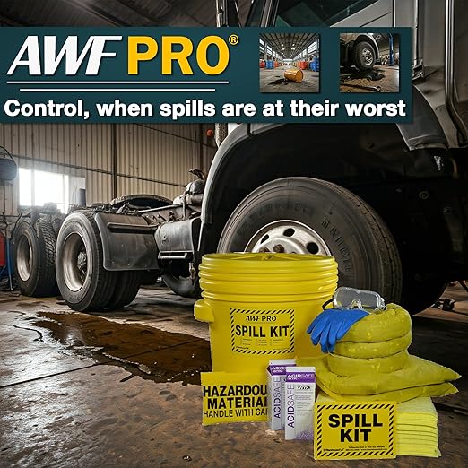 AWF PRO 20 Gallon Battery Acid Spill Kit, 59 Pieces – 20 gal DOT Approved Drum, Socks, Pads & Pillows, & Accessories