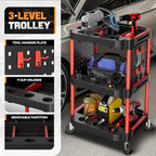 Auto Dynasty 3-Tier Rolling Cart Trolley Detailing Cart with 9 Cup Holders and 2 Pegboards 120 kg/260 Lbs Capacity on Wheels Fits Garage, Home, Storage, Warehouse, and Workshop Use, Black/Red
