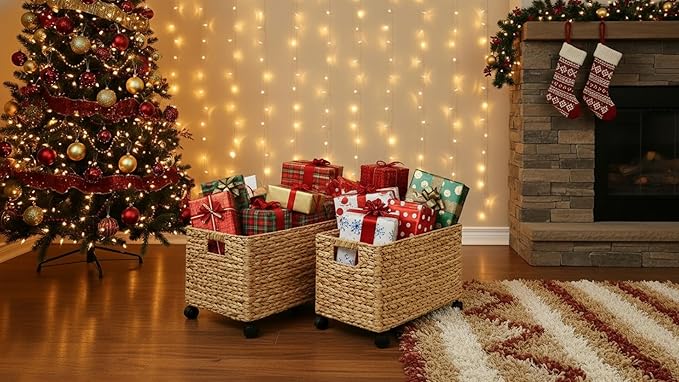 PEMAR Rolling Wicker Storage Basket Set of 2 – Natural Water Hyacinth & Seagrass Bins on Wheels with Removable Divider & Insert Handles – Nesting Design for Under Desk, Home & Office Organization