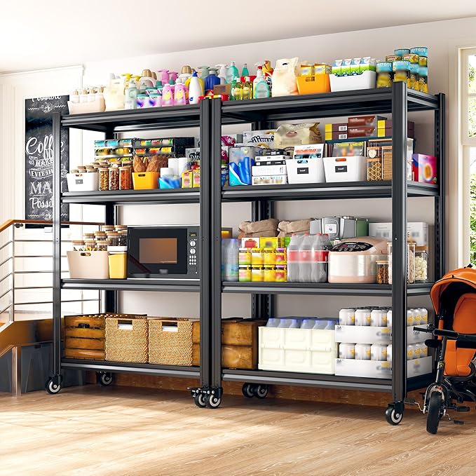 REIBII 4 Tier Storage Shelves with Wheels, 530LBS Adjustable Pantry Shelves,Metal Shelving Unit for Garage, Pantry, Kitchen, Living Room, Warehouse, Basement, 59.8" H x 31.5" W x 16.5" D, Black
