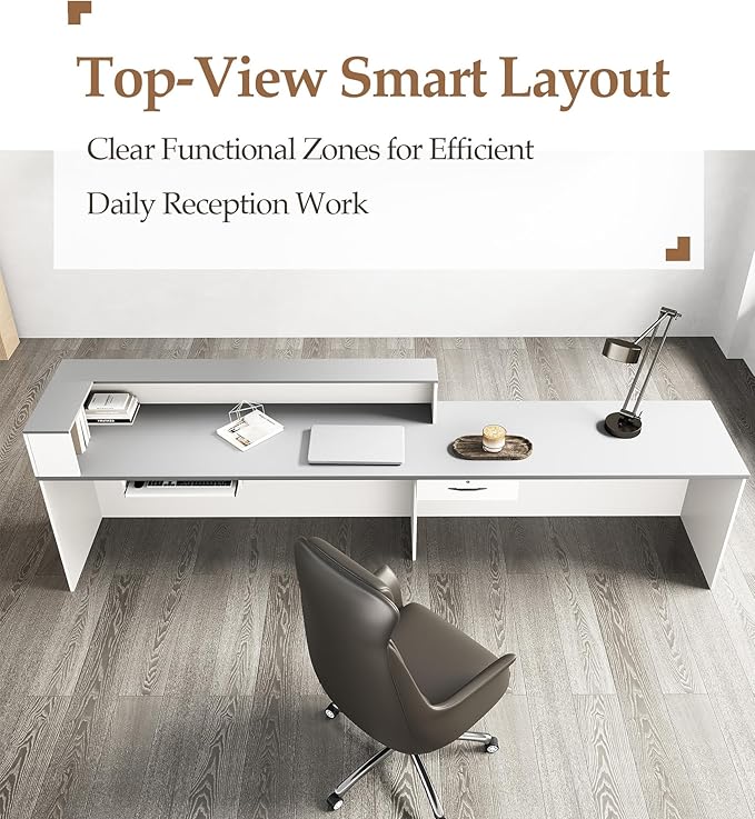 Modern L-Shaped Reception Desk with Counter – 63" Front Desk Reception Room Table with Lockable Drawer & Keyboard Tray for Office, Salon, Lobby, Checkout (White + Gray, Left)