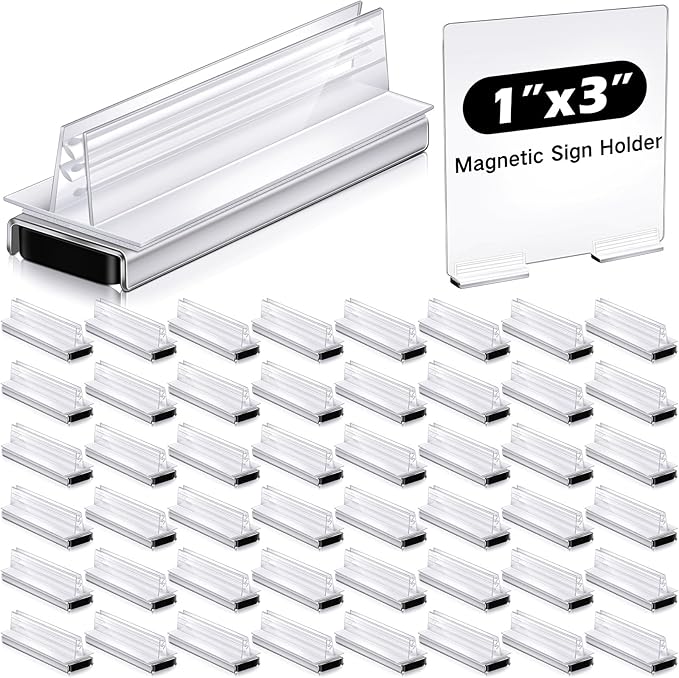 Thyle 48 Pack Magnetic Sign Holder Grip Holder, Powerful Magnet, 3" Length, 1" Width, 1" Total Height for Retail Wall Display Store Vendor Event Warehouse and Shop Supplies, Clear