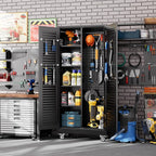 Aobabo Metal Broom Closet Storage Cabinets,Steel Mop and Broom Cabinet with Adjustable Shelves,Lock,Pegboards and Wheels,Assembly Required,Black
