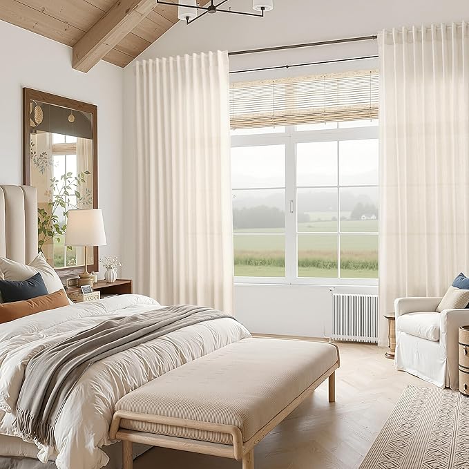 Nanspring Natural Linen Curtains 90 Inches Long for Living Room Country Semi Sheer Light Filtering Curtains Farmhouse Decor Boho Curtain for Bedroom Back Tab and Rod Pocket 52x90, 2 Panels