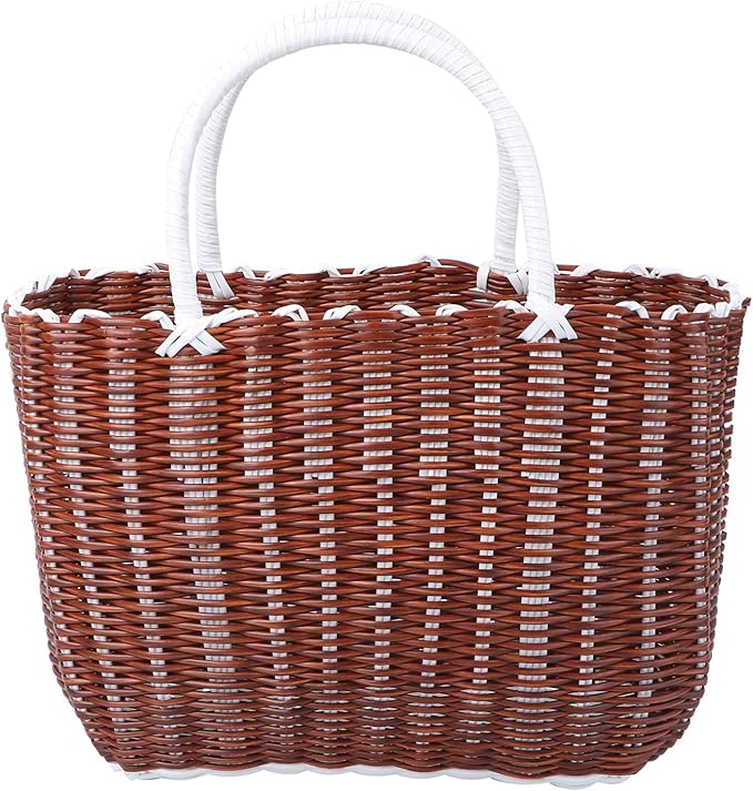 Cabilock Plastic Woven Tote Basket with Handles 13.8X9.4X5.5 Inch Lightweight Portable Storage Basket for Grocery Shopping Bathroom Organization and Home Use