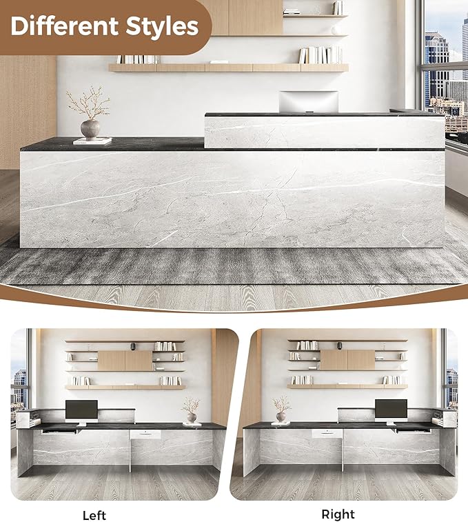 Modern L-Shaped Reception Desk with Counter – 79" Front Desk Reception Room Table with Lockable Drawer & Keyboard Tray for Office, Salon, Lobby, Checkout (Gray + Black, Left)