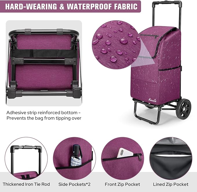 KEDSUM 2 in 1 Shopping Cart for Groceries, 330 lbs Grocery Cart on Wheels, Foldable Utility Carts with Wheels, Load-Bearing Hand Truck with Waterproof Bag for Shopping,Camping,Laundry,Garden, Purple