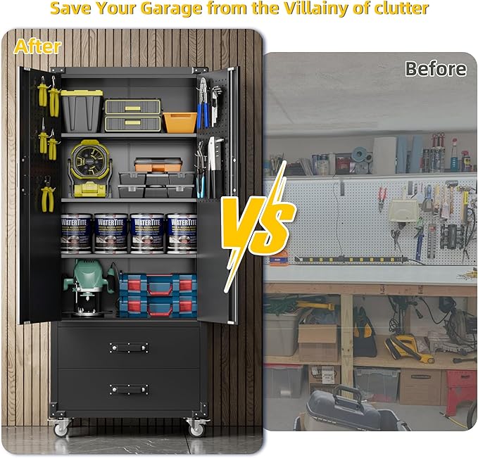 Garage Storage Cabinet with 2 Drawers and Pegboard, Metal Storage Cabinet with 2 Lockable Doors for Garage Home Office,Required Assembly,Black,71.2" H*15.2" D*30" W