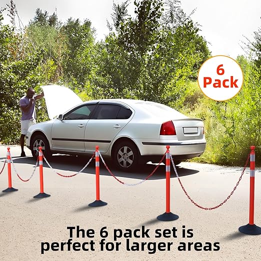 6 Pack 39 Inch Red Traffic Delineator Posts with 2 White Reflective Collars, Safety Posts Cones with 6.6 Feet Chains and 14 Inch Rubber Base for Road Safety,Parking Lot (Red)