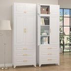 90" Kitchen Pantry Cabinet with 3 Drawer,Metal Storage Cabinets with Doors and 4 Adjustable Shelves,White Kitchen Cabinet with 2 Gold Handles,Food Cupboard for Livingroom,Pantry, Bathroom