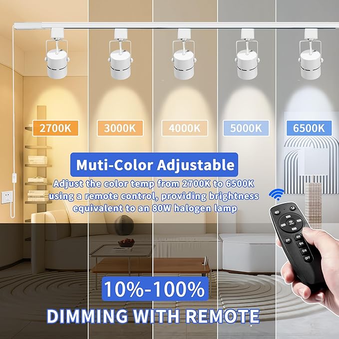 Plug in Track Lighting with Power Cord, 6-Light LED Track Lighting Kit with 6.6FT H Type Track Lighting Rails, Modern Kitchen LED Track Lighting Fixtures Ceiling Spot Light, White