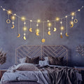 Moon Phase Wall Decor with LED String Light, 13 Gold Wood Boho Wall Hanging Decor Mood Garland 56'' - Celestial Phases Moon Decoration in Bohemian Style for Bedroom Living Room Thanksgiving Day Gifts