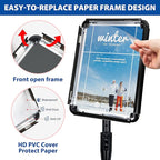 11x17 Inch Adjustable Pedestal Poster Sign Stand, Heavy Duty Floor Standing Sign Holder Stand Aluminum Snap Open Frame for Vertical and Horizontal View Sign Displayed (Black, Round)