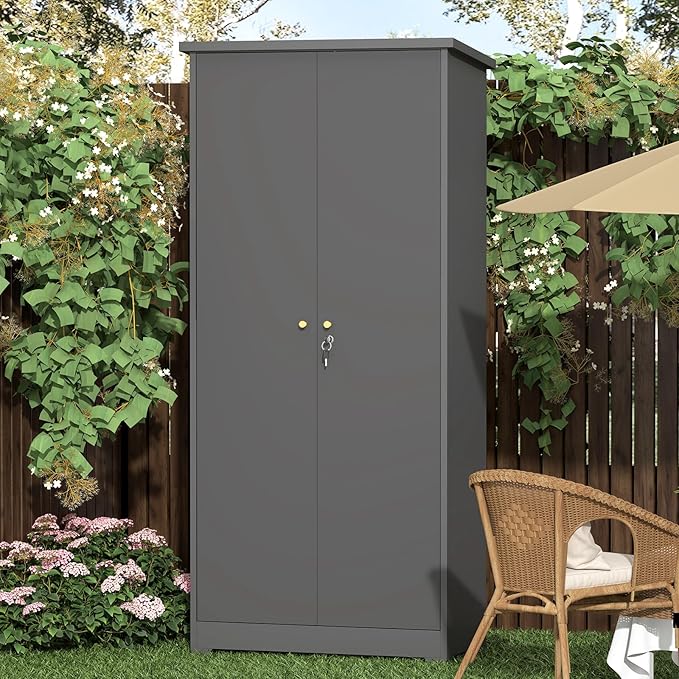 LUCYPAL Outdoor Storage Cabinet Waterproof,Metal Storage Shed with Shelves,Tool Shed with Lockable Doors and Slooping Roof for Garden,Backyard,Patio Lawn,Grey