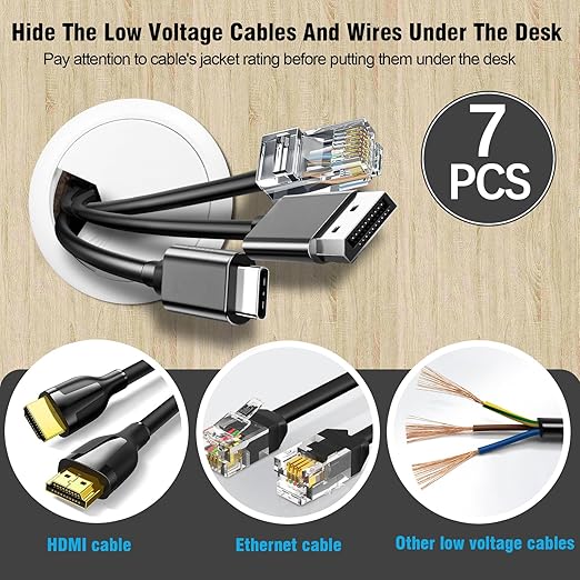 2" Spring Desk Grommet, JTemgle Plastic Cable Hole Cover with Hole Saw Computer Table Cord Wire Organizer Caps Desktop Cord Management for Home Office TV Stands Tabletops - White, 7 Pcs