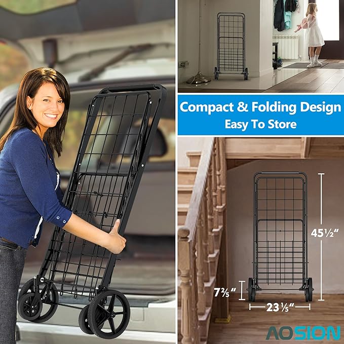 AOSION Folding Shopping Carts for Groceries,27GAL/220lb,Grocery Cart with 360° Rolling Swivel Wheels, Collapsible Rolling cart,Portable Utility Cart with Shopping Liner for Laundry Luggage Office